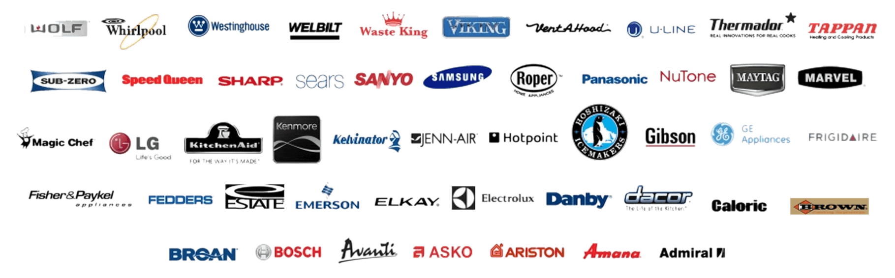 Appliance Brand Logos - Whirlpool, GE, Samsung, LG, Frigidaire, Maytag, KitchenAid, Kenmore, Bosch, Electrolux, Amana, Sub-Zero
